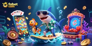 Experience fun wins with fabet com in a vibrant underwater casino scene featuring a shark surfing gold coins.