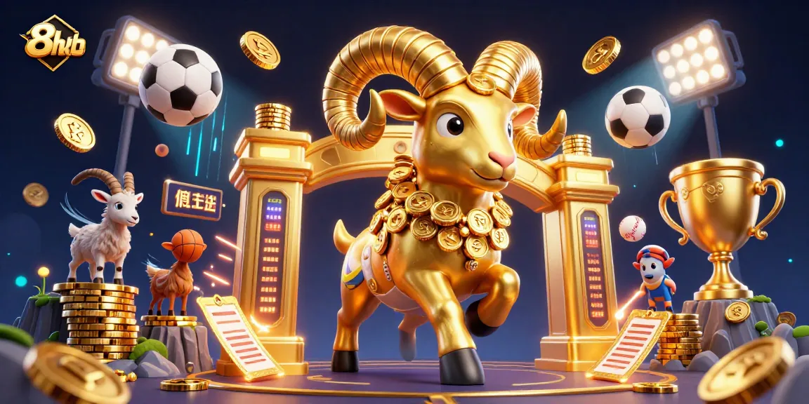 Engage with 8xbet's thrilling casino experience, featuring a dynamic 3D illustration of a golden ram and vibrant sports elements.