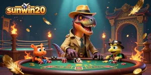 Experience thrilling gameplay at sunwin20 with a heist-like scene featuring cartoon dinosaurs in a packed casino atmosphere.