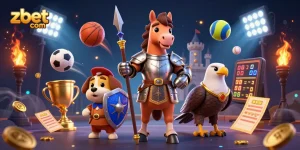 Bet big with zbet com in a colorful, action-packed casino scene featuring knights and sports elements.