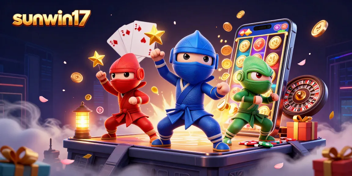 Experience thrilling gaming at sunwin17 with a vibrant illustration of chameleon ninjas and dynamic casino elements.