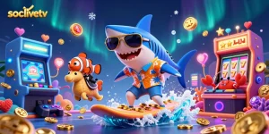 Join the excitement with socolivetv as a shark surfs gold coins amidst vibrant casino activities.