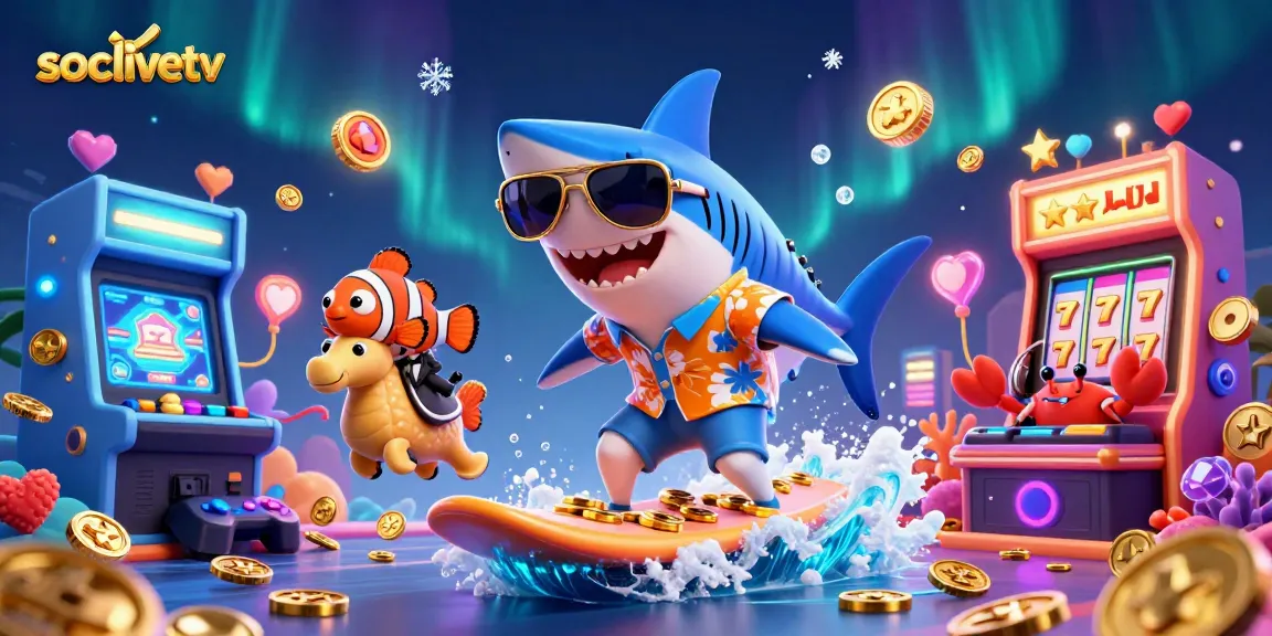 Join the excitement with socolivetv as a shark surfs gold coins amidst vibrant casino activities.